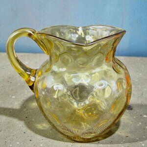 Antique Optic Amber Glass Pitcher Creamer Thumbprint Coin Dot Flared Rim Hobbs